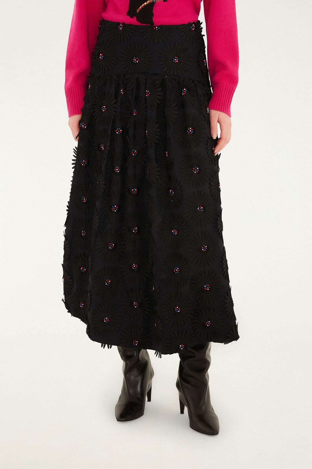 Black 3d Flowers Embroidered Midi Skirt