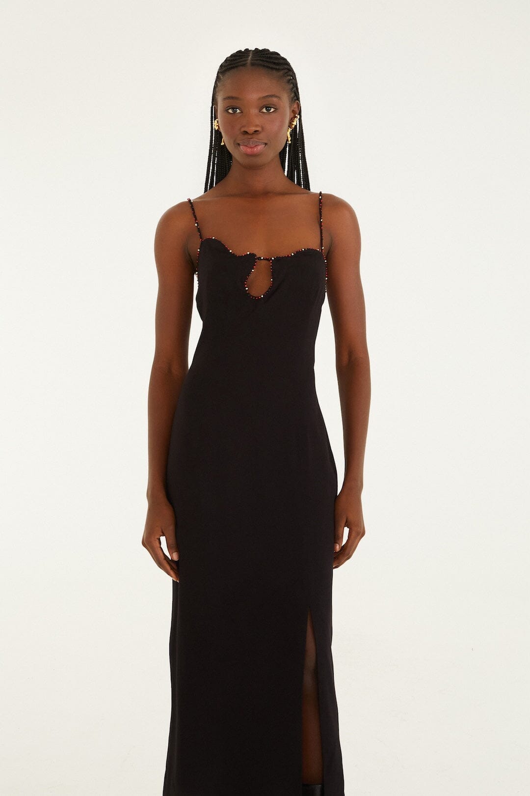 Black Beaded Neckline Sleeveless Midi Dress