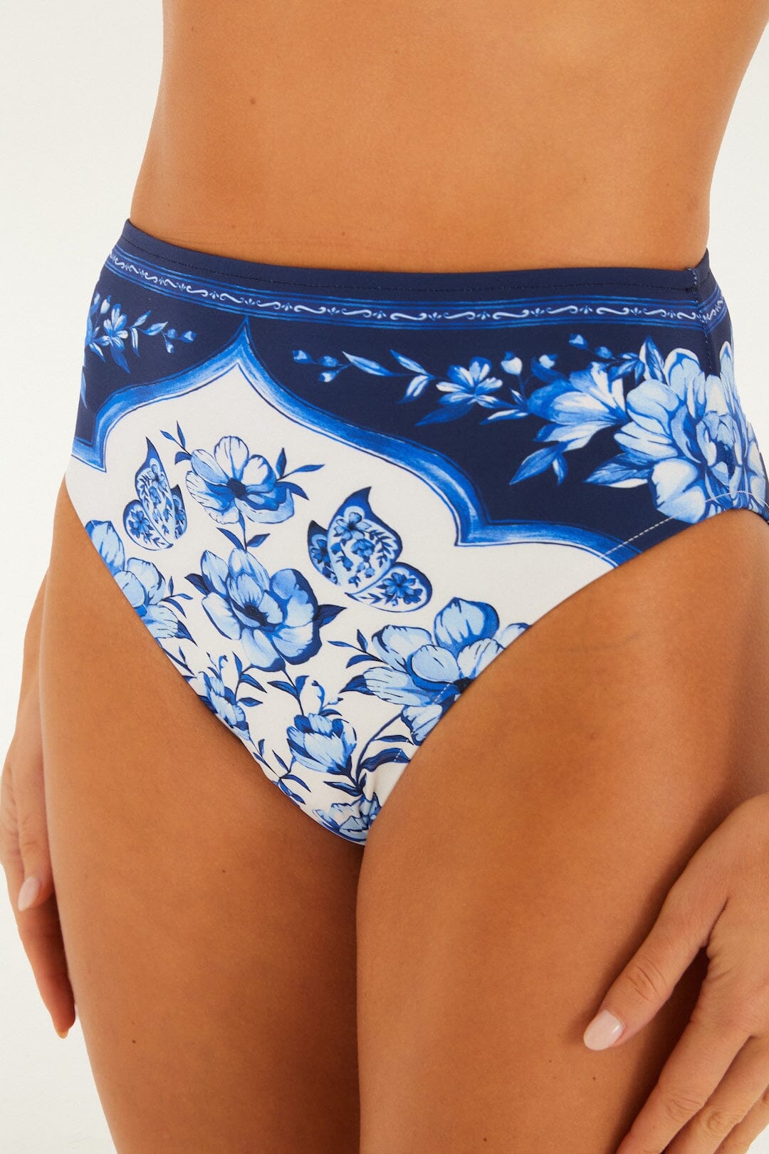 Blue Porcelain Garden High Waist Full Bikini Bottom
