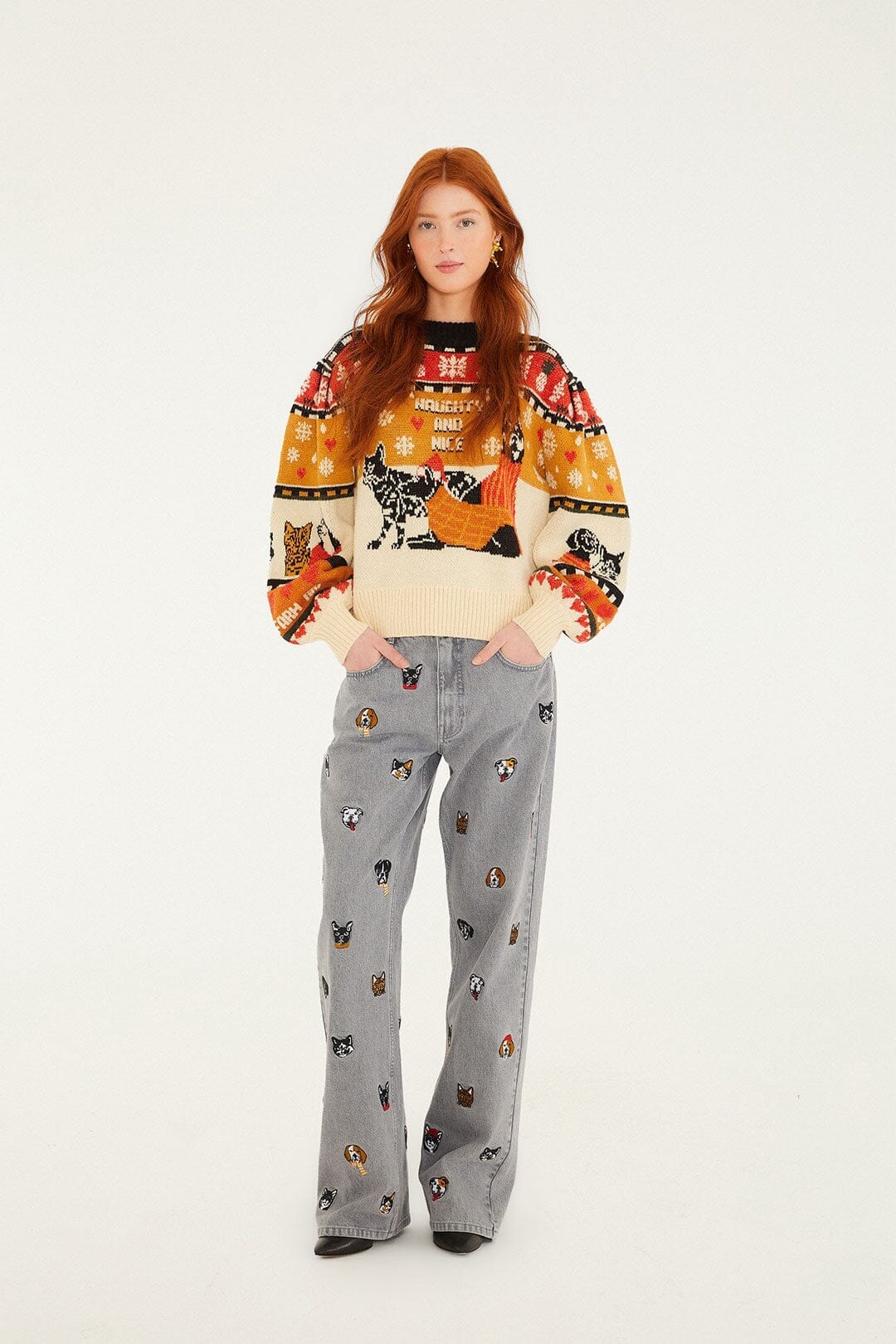 Multicolor Cats And Dogs Embroidery Denim Pants
