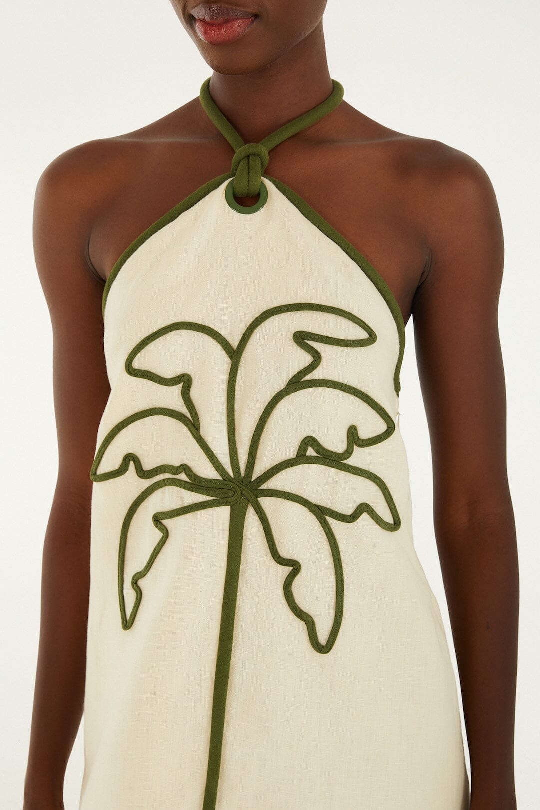 Sand Coconut Embroidery Halter Neck Euroflax™ Premium Linen Mini Dress