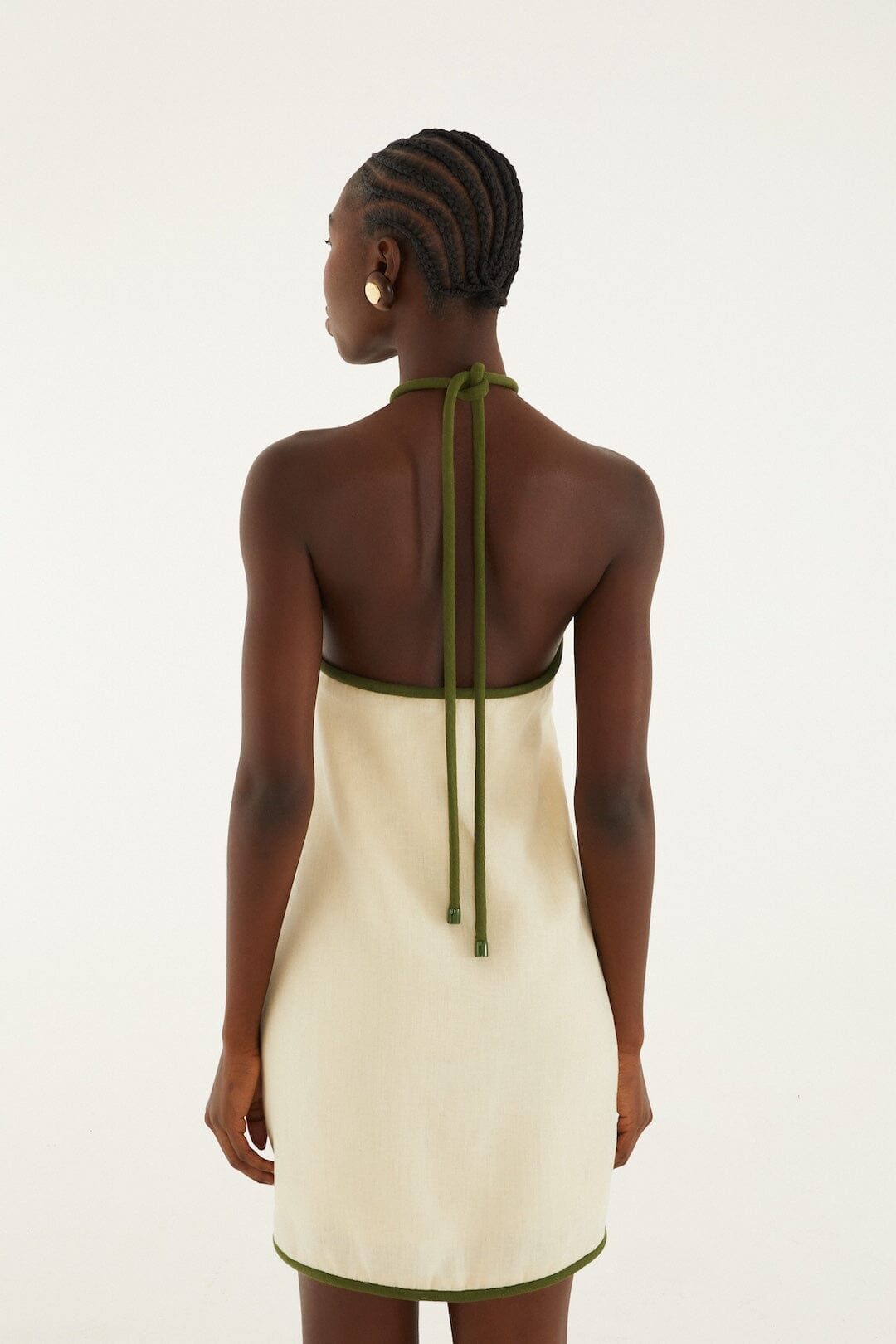 Sand Coconut Embroidery Halter Neck Euroflax™ Premium Linen Mini Dress