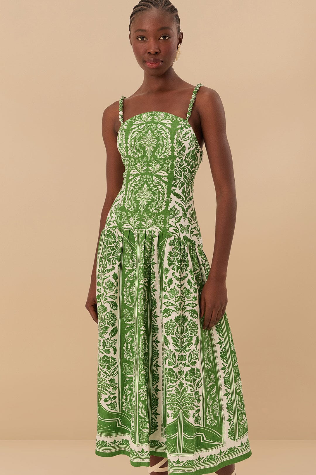 Green Delicate Tapestry Euroflax Premium Linen Midi Dress FARM Rio Green Delicate Tapestry Euroflax Premium Linen Midi Dress FARM Rio