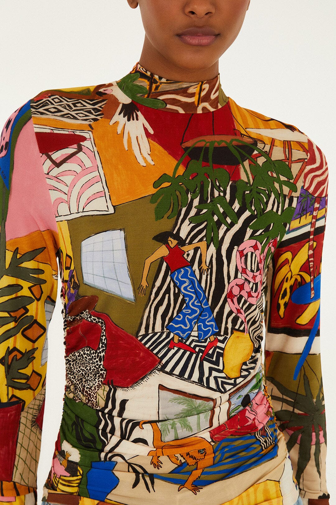 Blouse tropicale multicolore à manches longues et col roulé