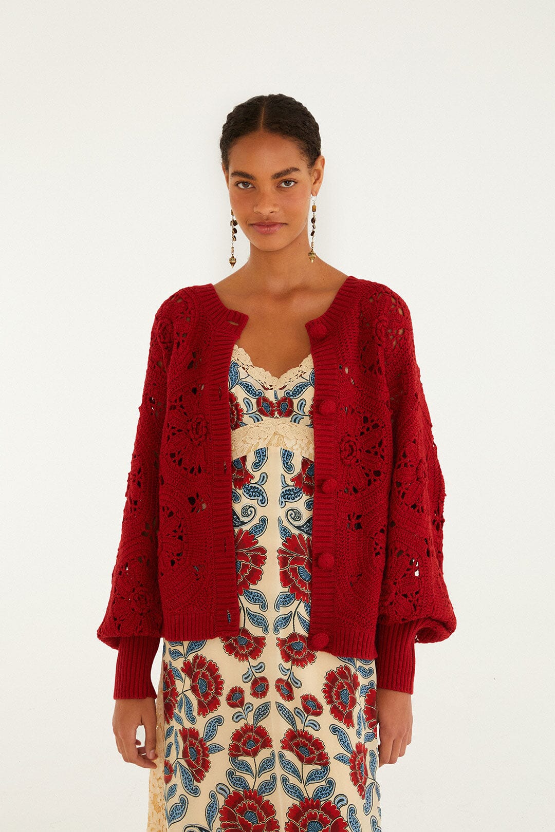 Red Crochet Flower Knit Cardigan