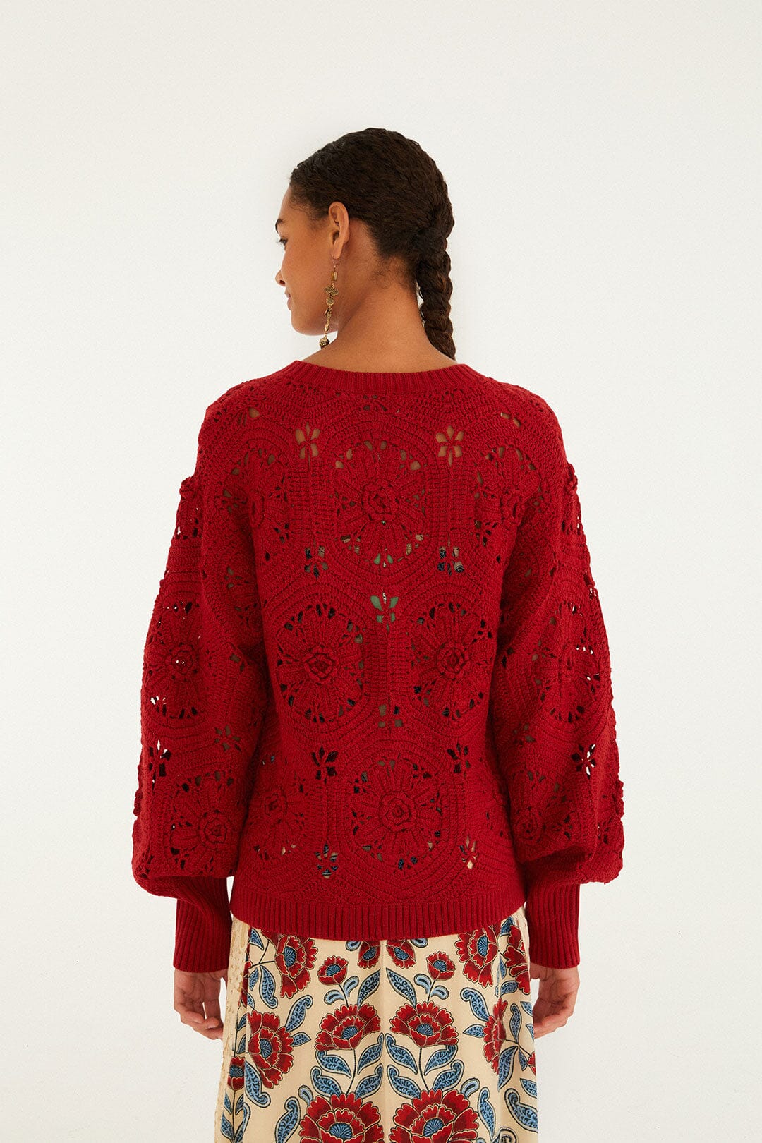 Red Crochet Flower Knit Cardigan