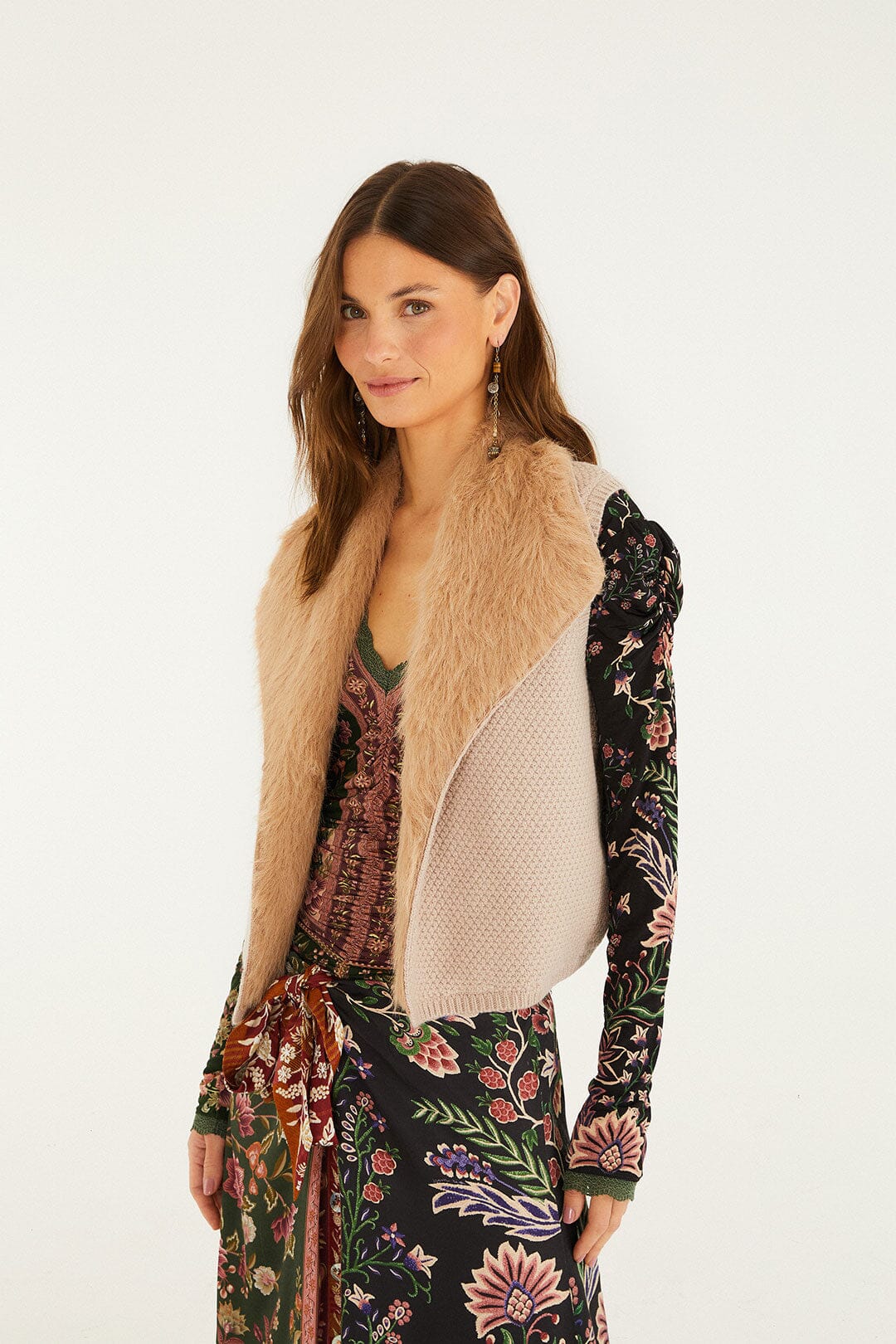 Beige Fur Sleeveless Knit Vest