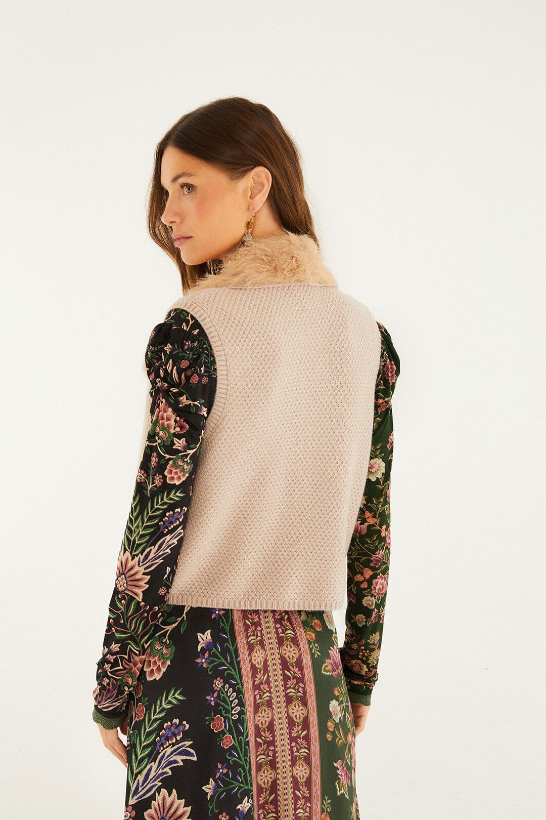 Beige Fur Sleeveless Knit Vest