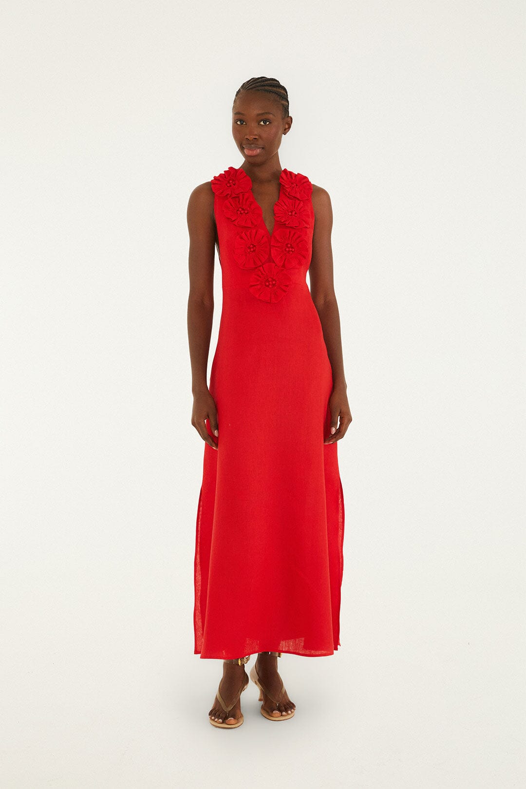 Red 3d Flower Euroflax Premium Linen Maxi Dress