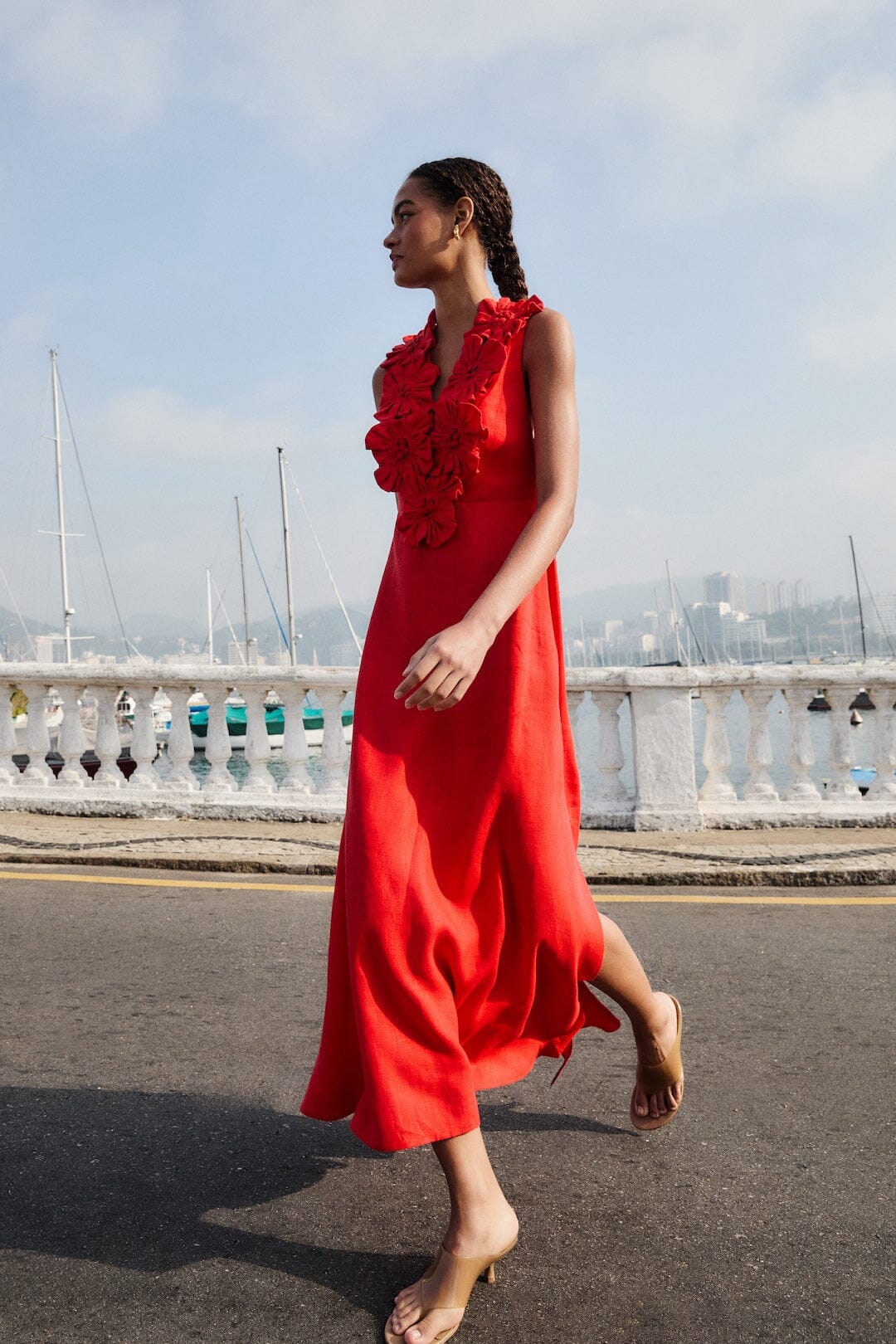 Red 3d Flower Euroflax Premium Linen Maxi Dress