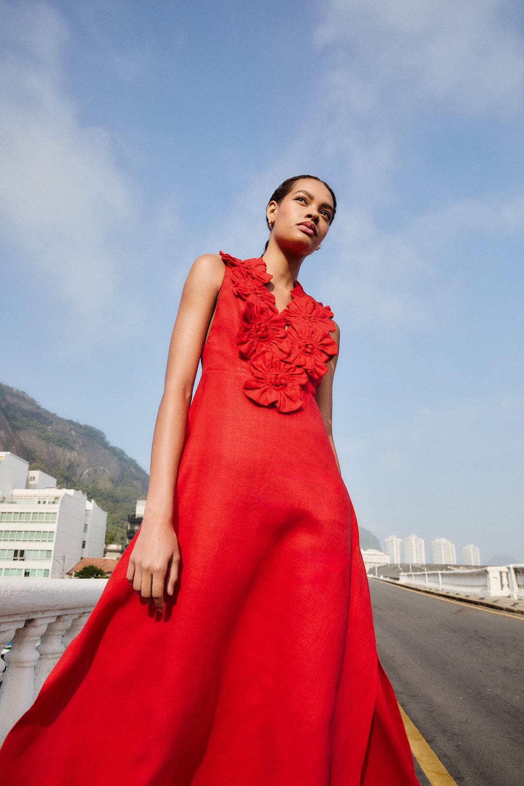 Red 3d Flower Euroflax Premium Linen Maxi Dress