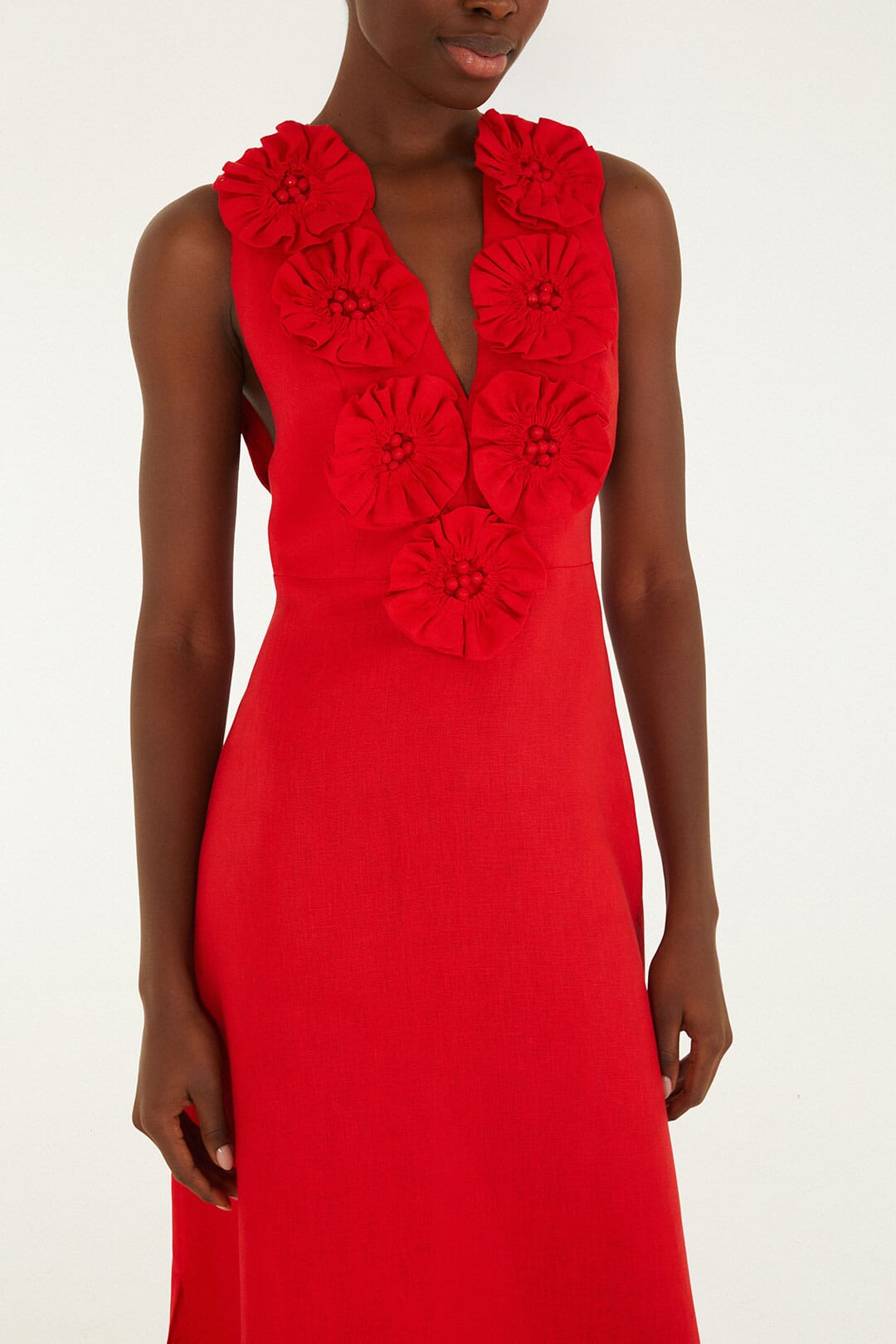 Red 3d Flower Euroflax Premium Linen Maxi Dress
