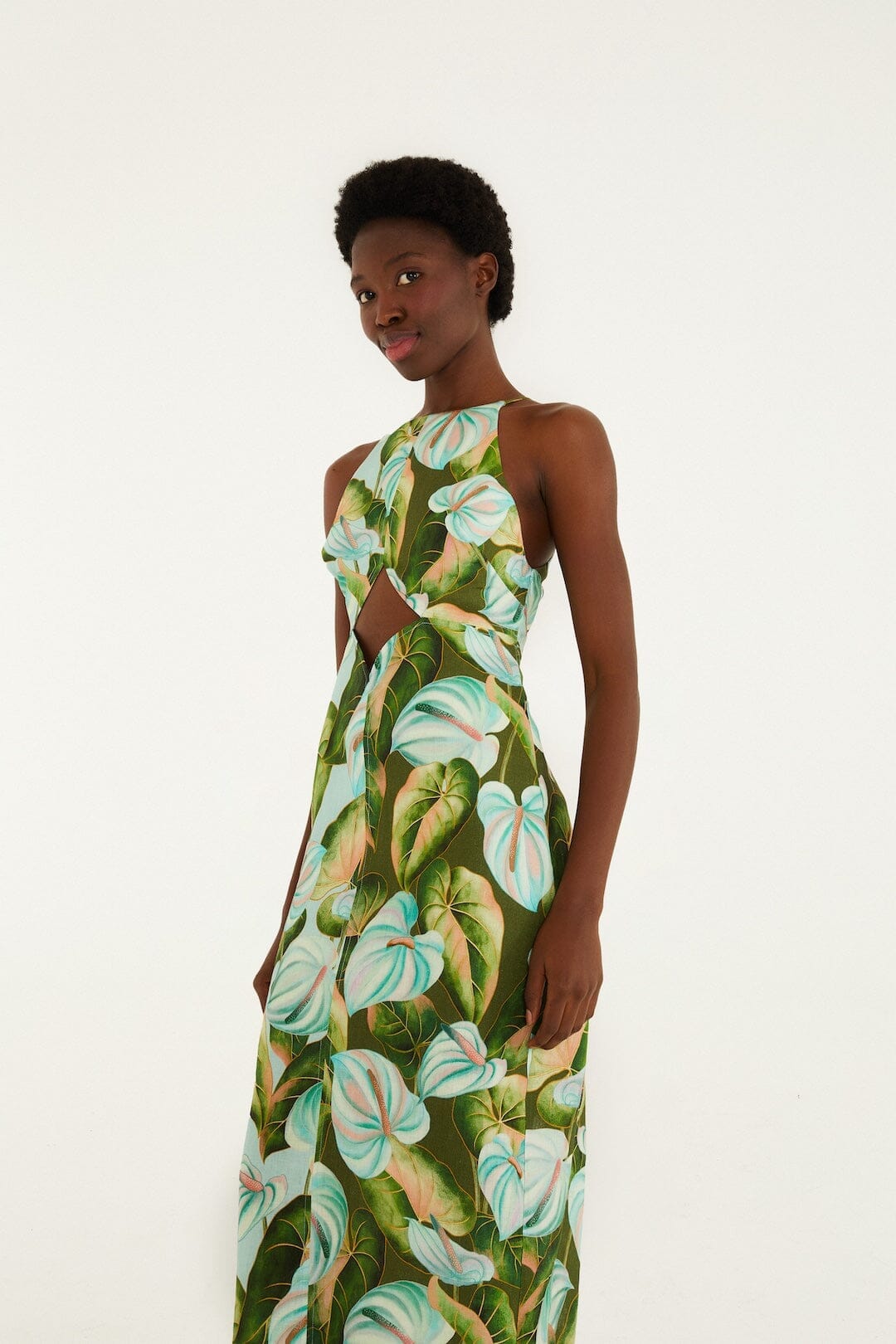 Green Anthurium Leaves Cut-Out Euroflax™ Premium Linen Midi Dress
