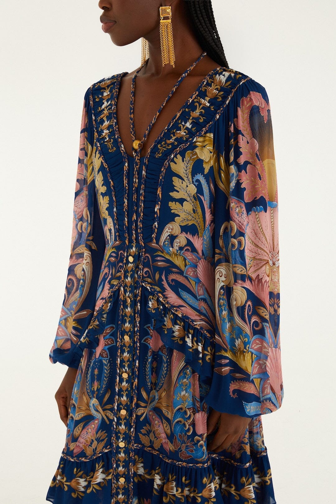 Navy Blue Sea Garden Braid Details Maxi Dress