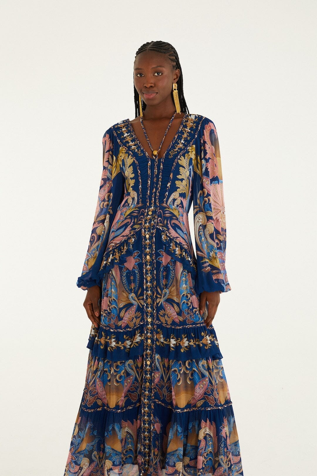 Navy Blue Sea Garden Braid Details Maxi Dress