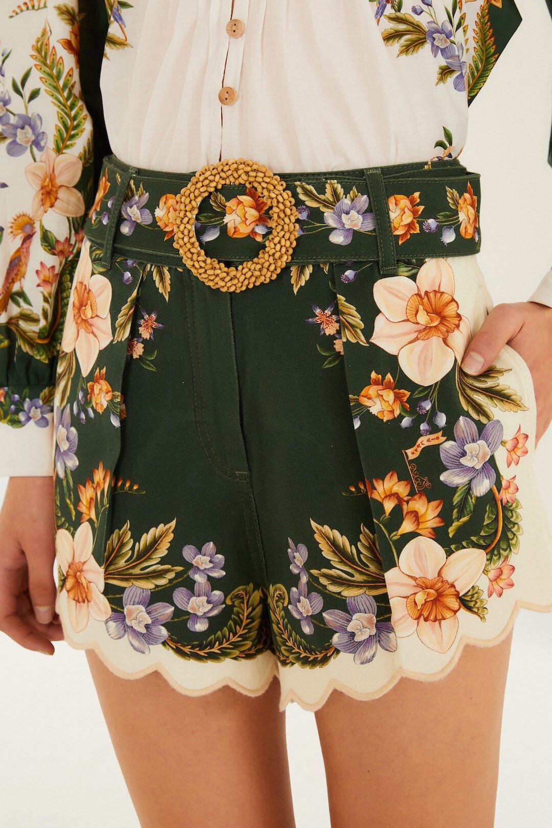 Green Berry Garden Beaded Buckle Twill Shorts
