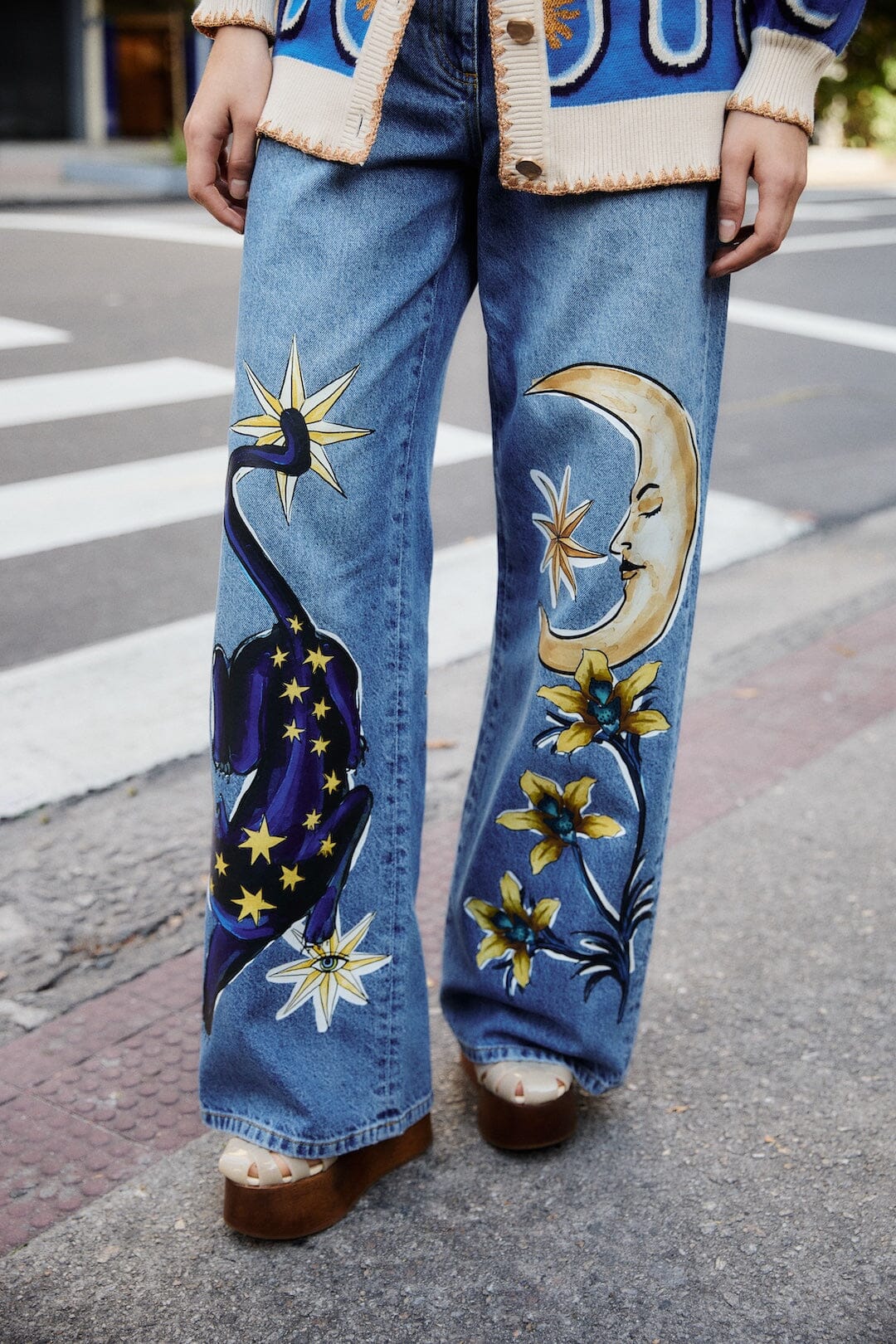TATA FLASH × DENIM PRINT WIDE PANTS PH5 Aria Denim Print Wide Leg Pants in Blueberry