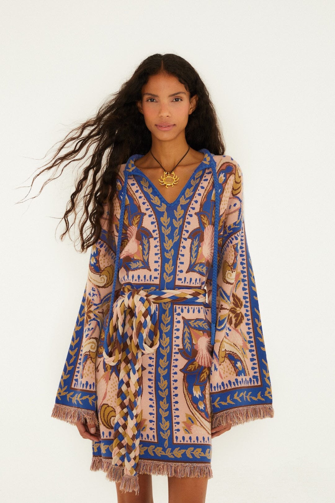 Blue Sea Garden Scarf Tassels Knit Mini Dress