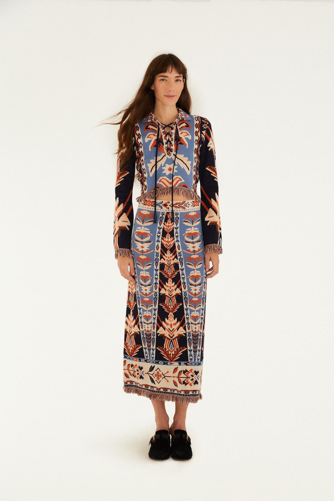 Multicolor Tapestry Fringes Knit Skirt