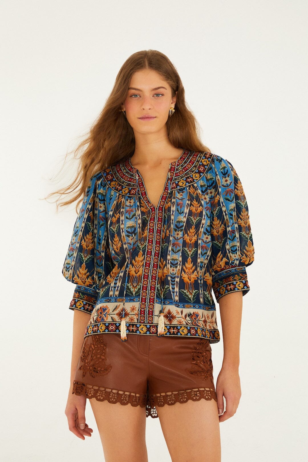 Blue Embroidered Tapestry Tassels Puff Sleeve Blouse