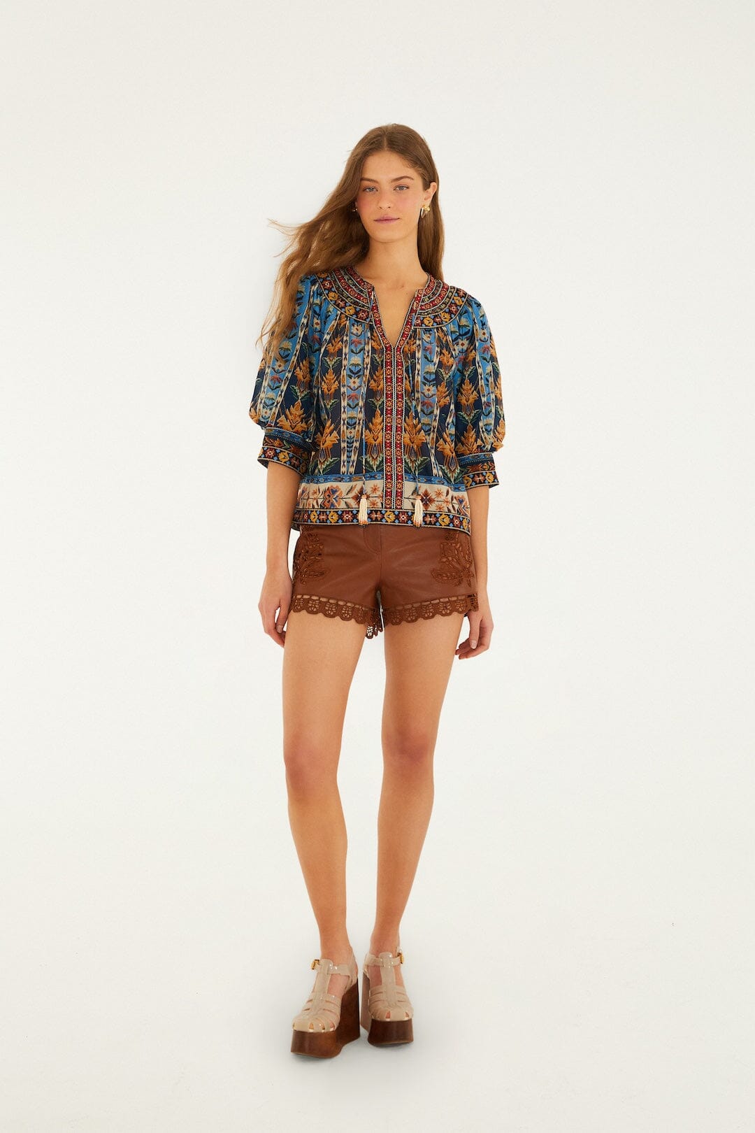 Blue Embroidered Tapestry Tassels Puff Sleeve Blouse