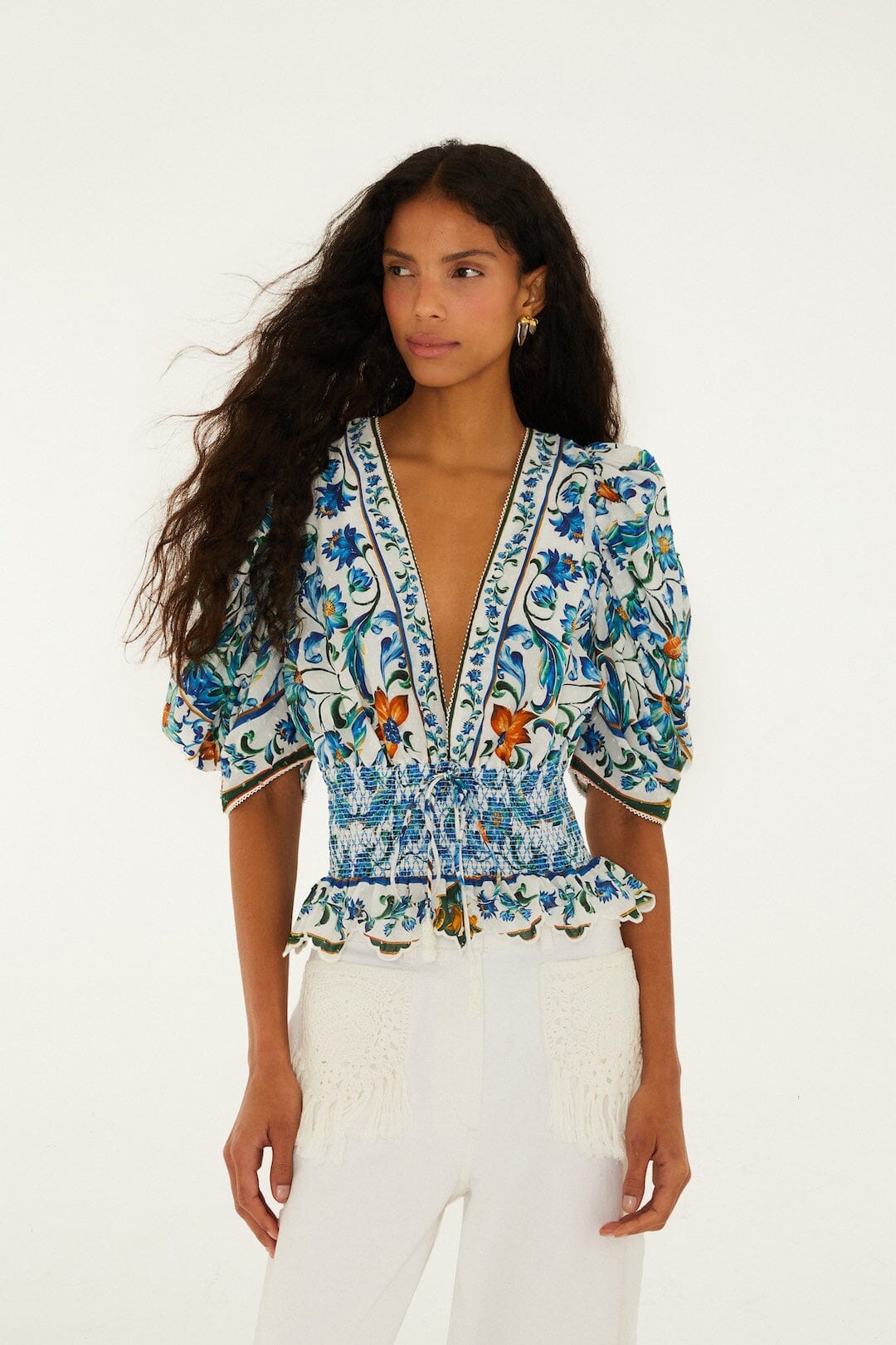 Chemisier smocké en coton biologique à imprimé floral Off-White