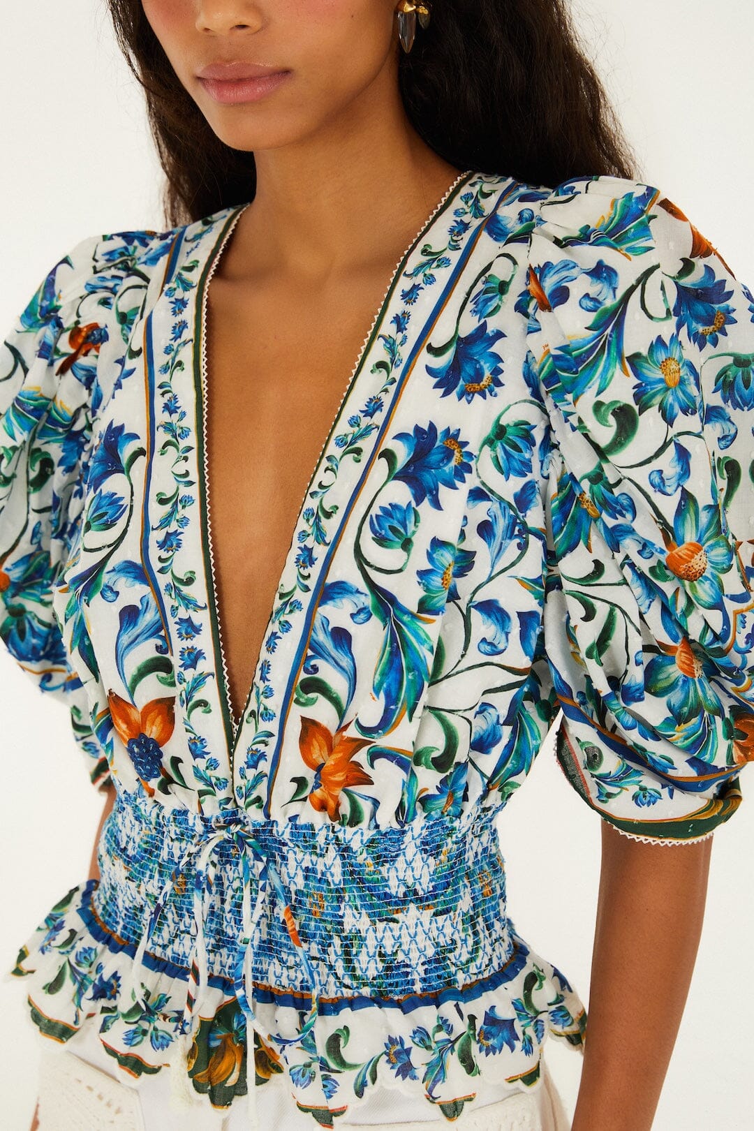 Chemisier smocké en coton biologique à imprimé floral Off-White
