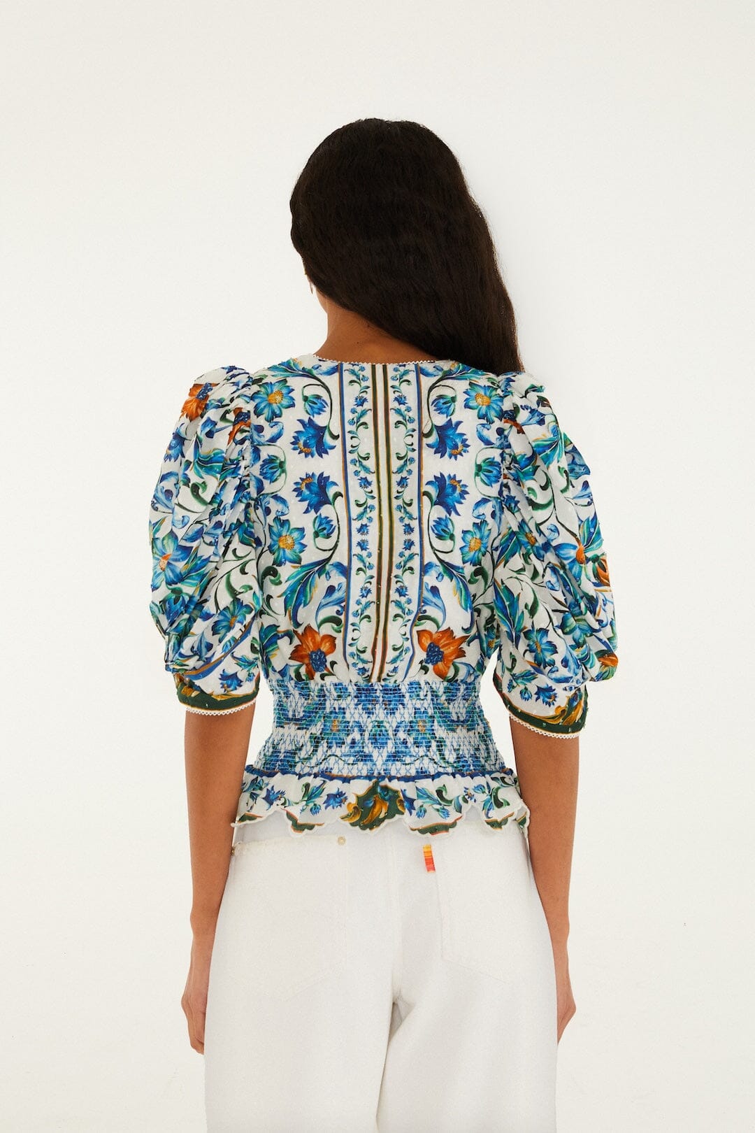 Chemisier smocké en coton biologique à imprimé floral Off-White