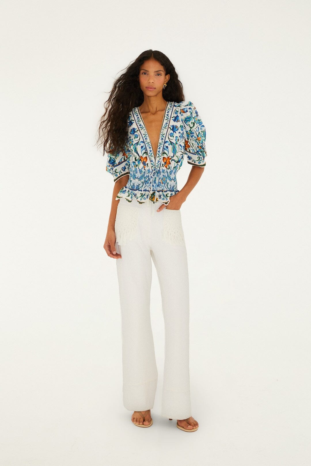 Chemisier smocké en coton biologique à imprimé floral Off-White