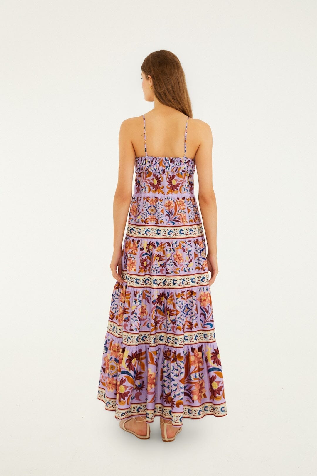 Lilac Flower Tiles Sleeveless Tiered Maxi Dress