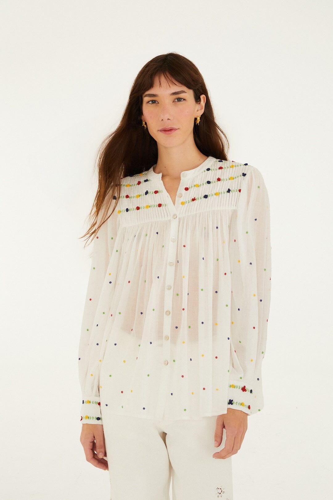Off-White Bluse mit bestickten Perlen aus Bio-Baumwolle, langärmlig