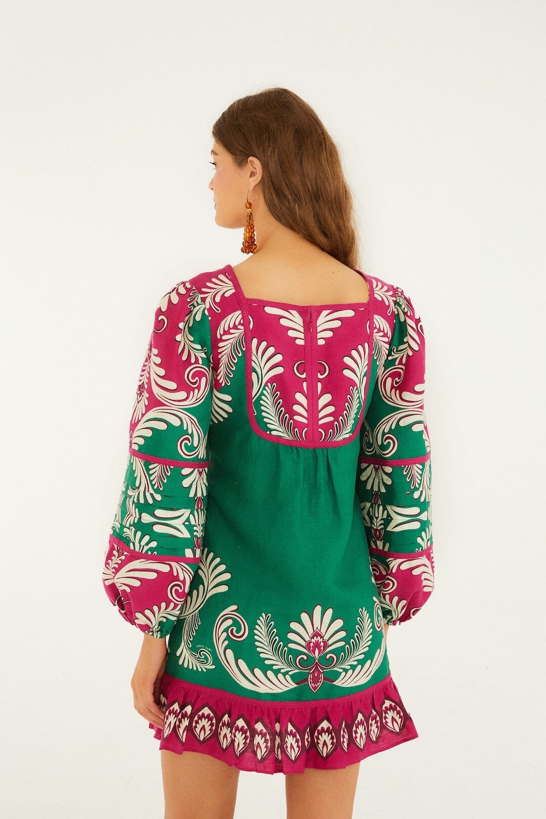 Mini-robe en lin de qualité supérieure Euroflax à manches longues et motif arabesque printanier multicolore