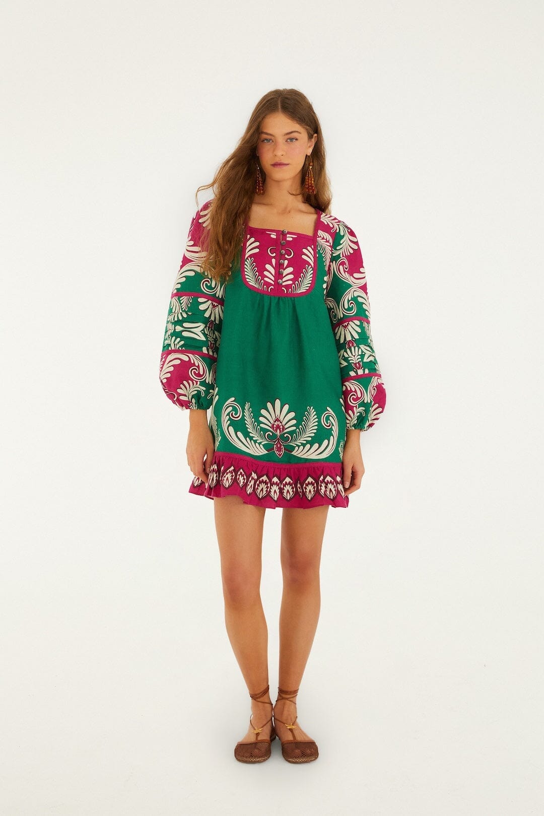 Mini-robe en lin de qualité supérieure Euroflax à manches longues et motif arabesque printanier multicolore