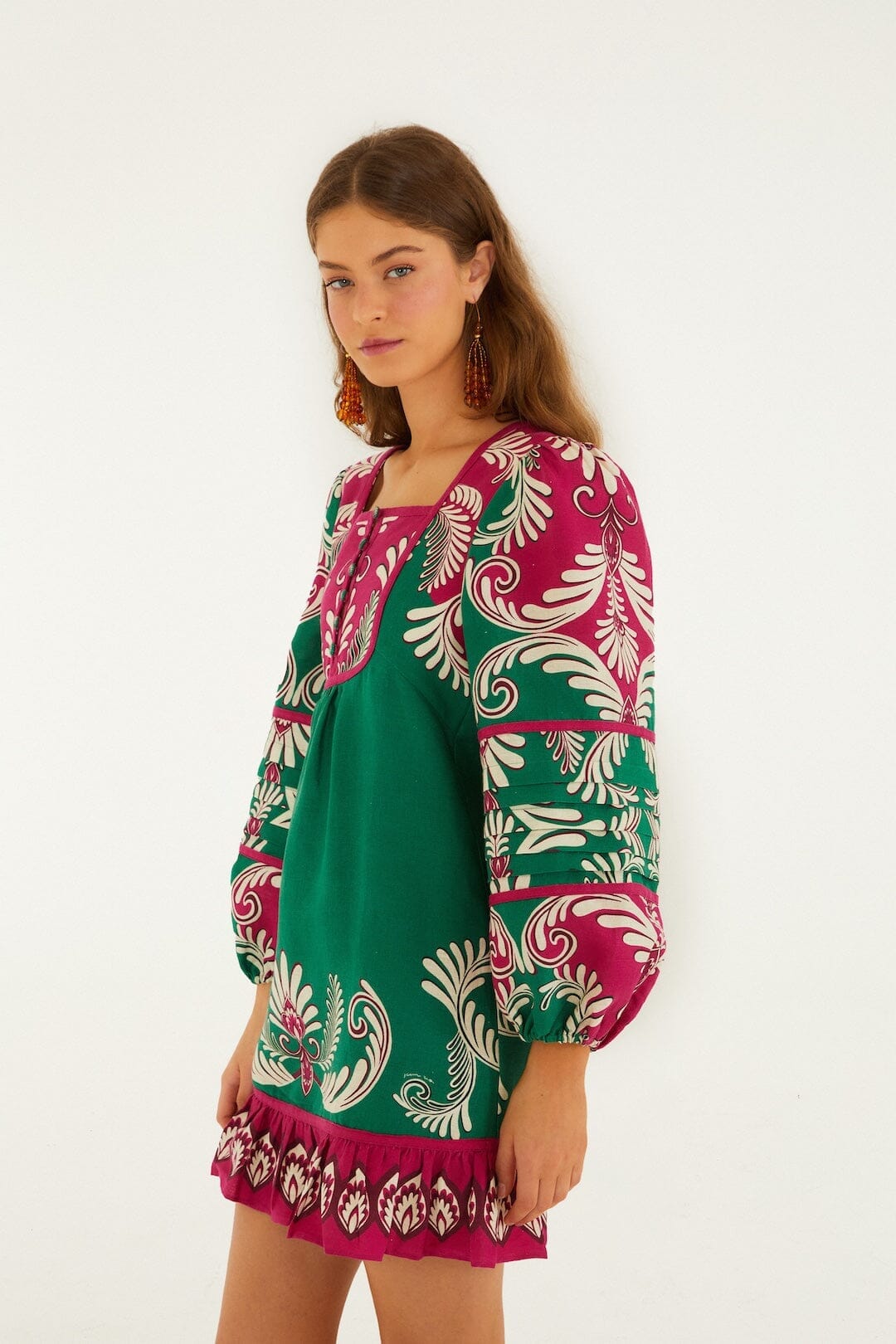 Mini-robe en lin de qualité supérieure Euroflax à manches longues et motif arabesque printanier multicolore