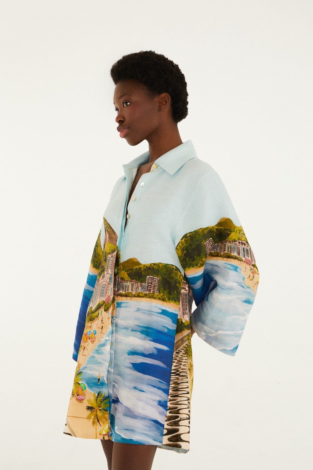Multicolor Copacabana Beach Euroflax Premium Linen Long Sleeve Kimono
