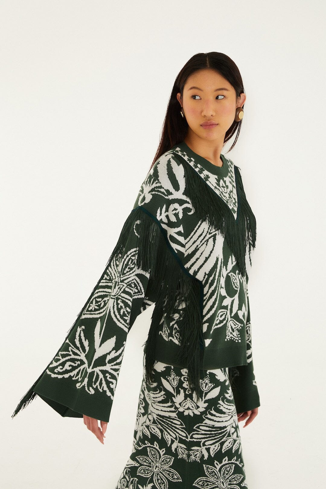 Dark Green Miranda Fringes Knit Sweater | FARM Rio