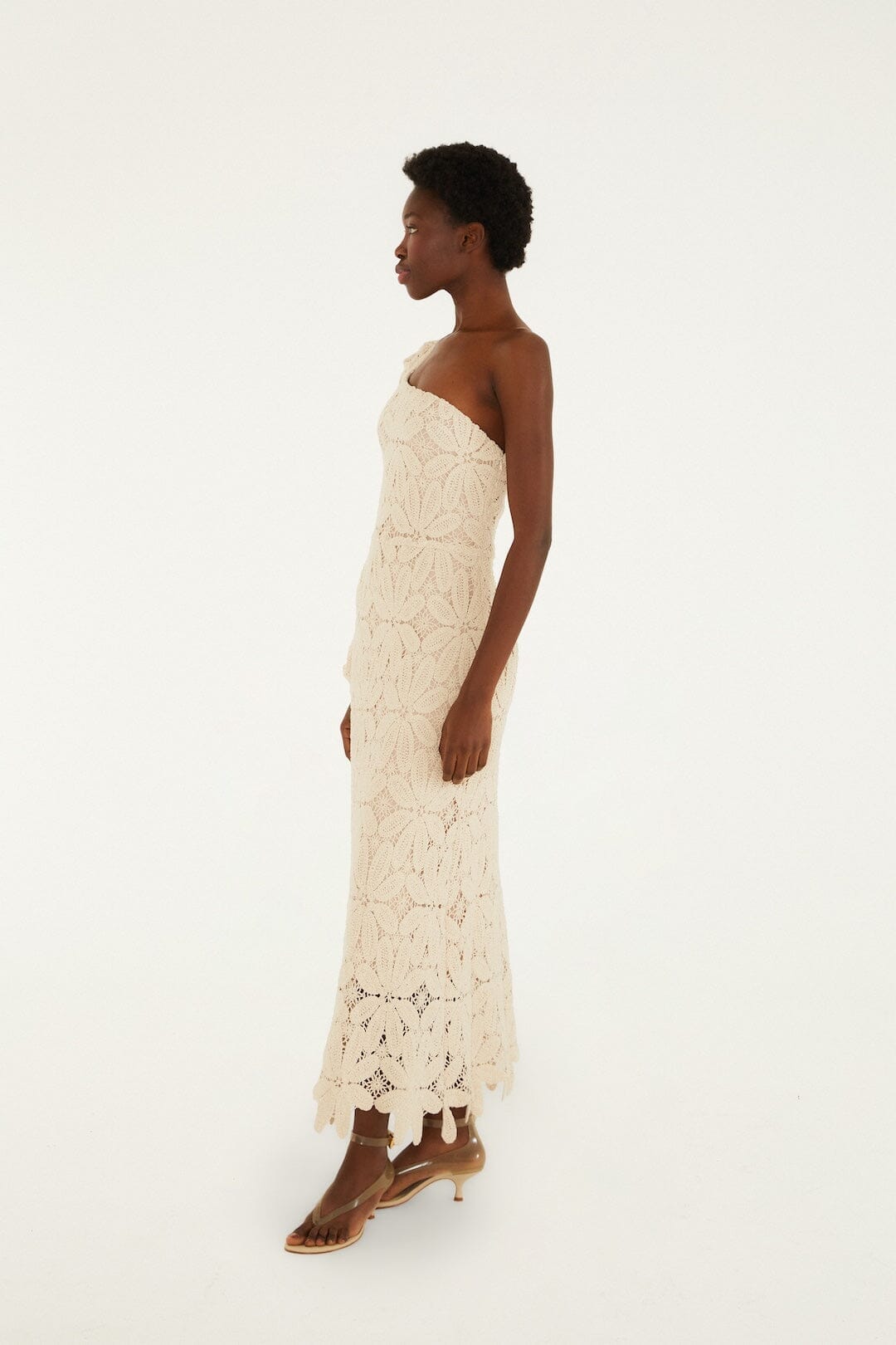 chinese dress ladies Off-White One-Shoulder Crochet Flower Maxi Dress