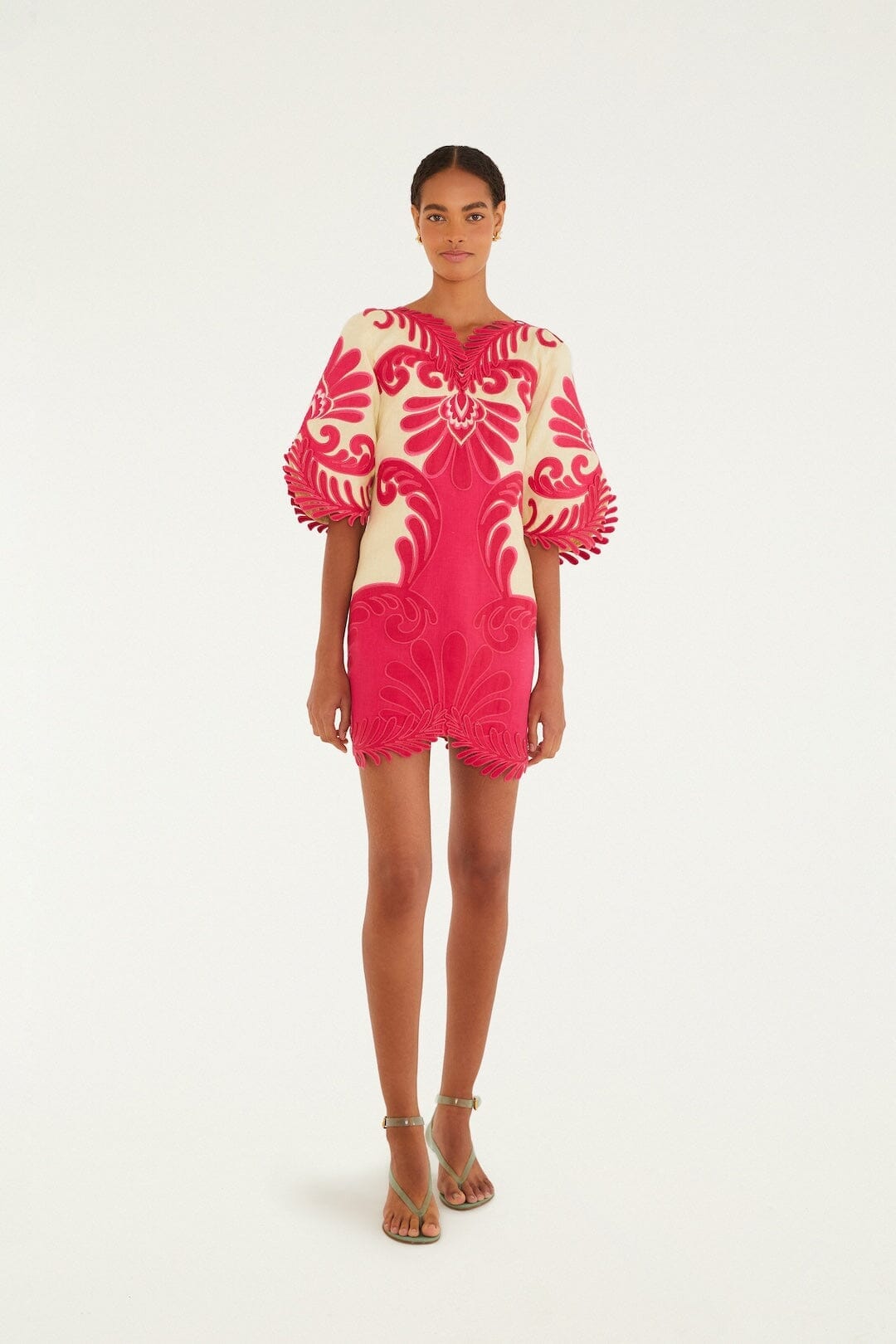 Pink Spring Arabesc Embroidered Euroflax Premium Linen Mini Dress
