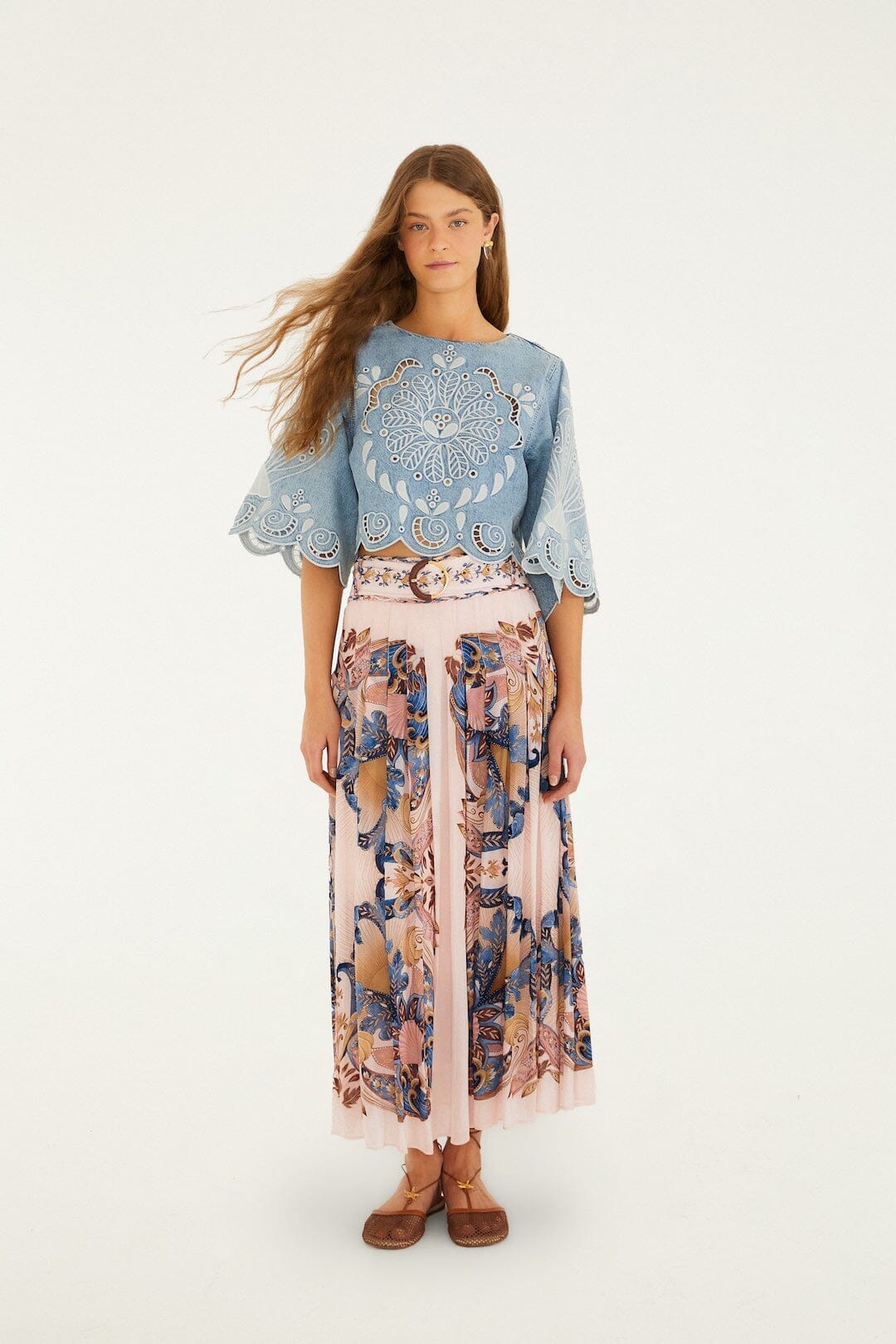 Zartrosa Sea Garden Schal, plissierter Maxirock