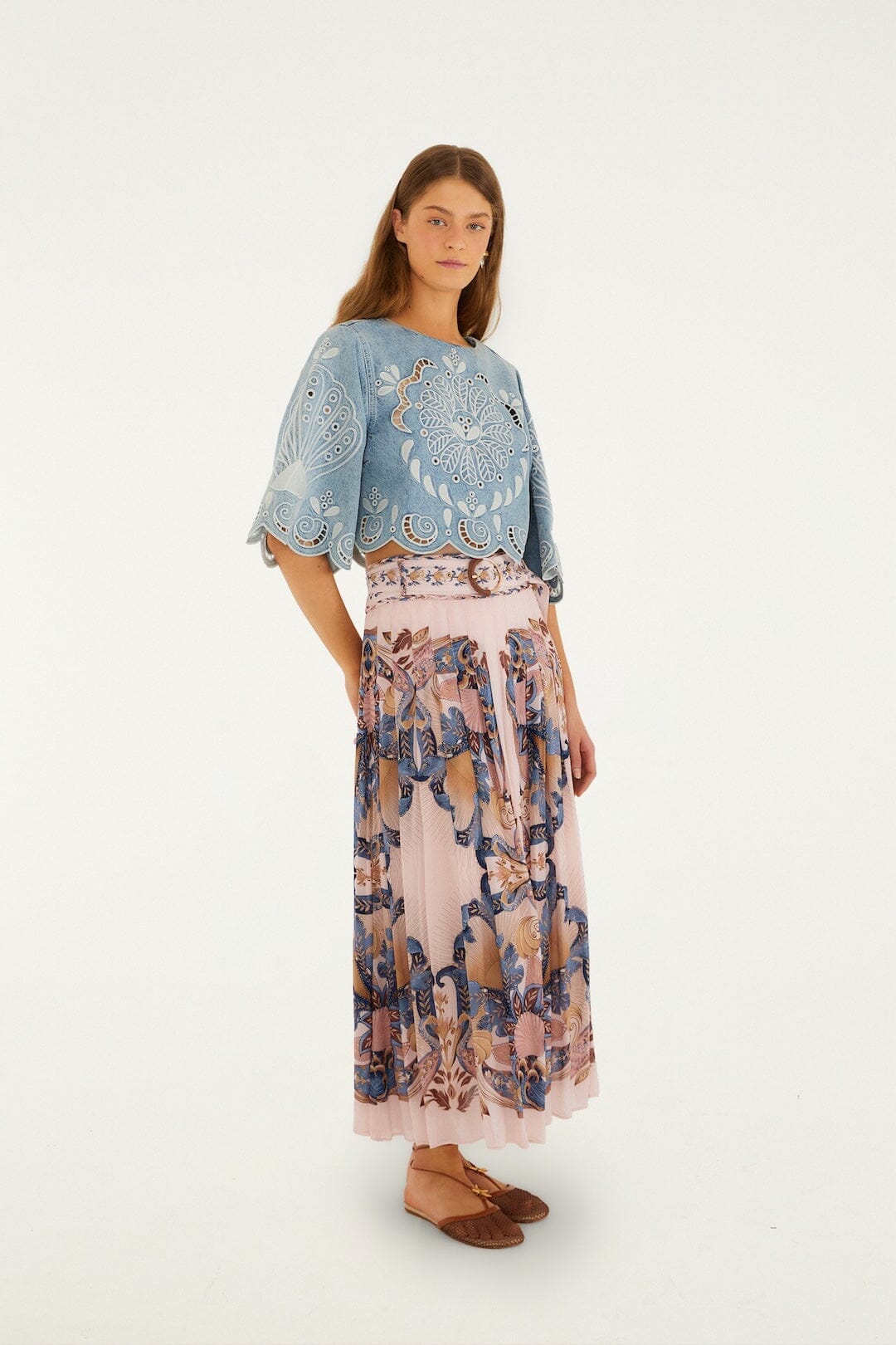 Zartrosa Sea Garden Schal, plissierter Maxirock