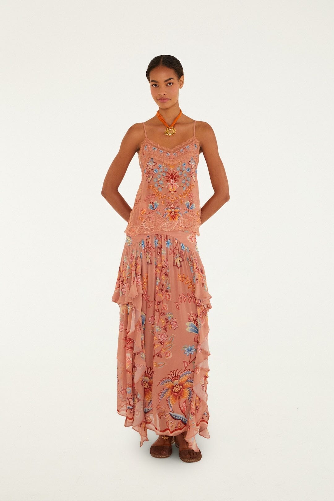 Mocha Boho Enhance Ruched Ruffled Maxi  Skirt