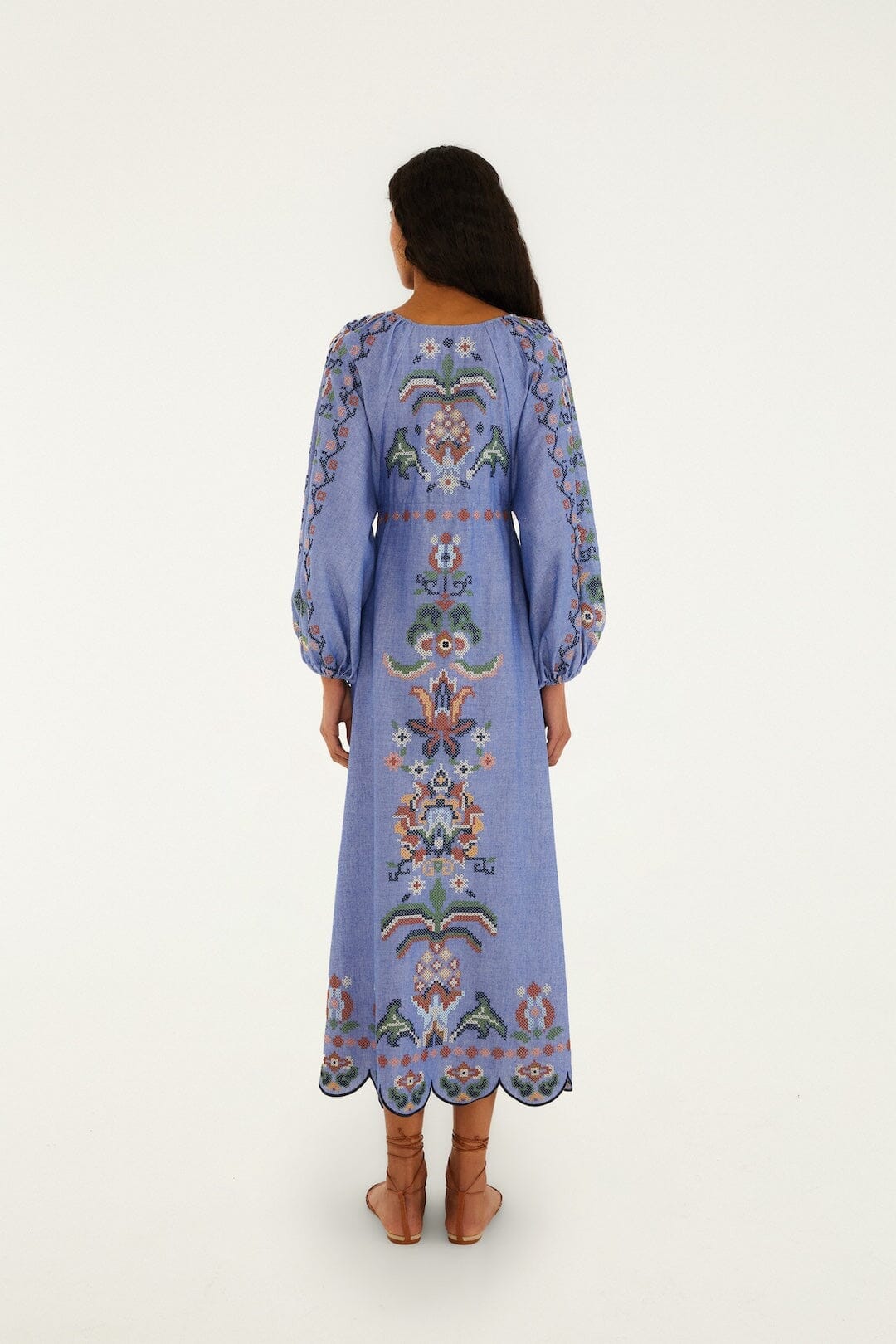 Blue Garden Tapestry Embroidered Long Sleeve Midi Dress