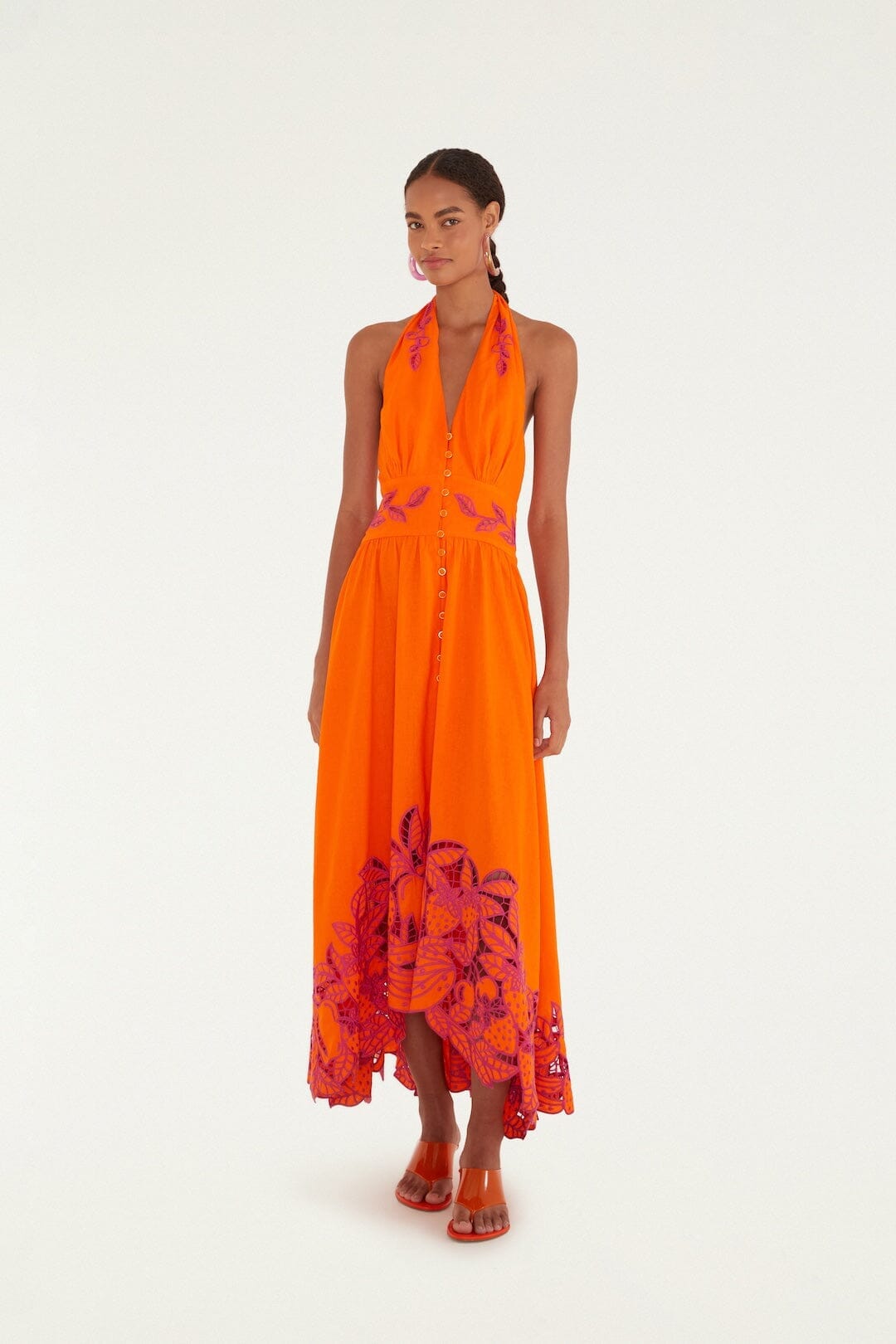 Vestido largo artesanal Richelieu de fruta Orangee en Farm Rio