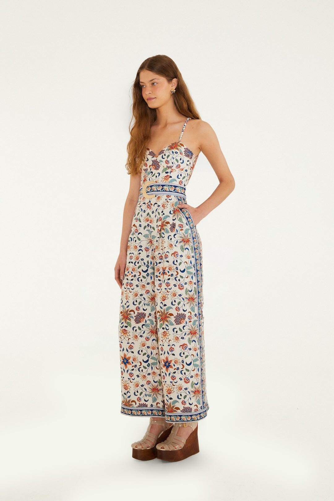 Soft Pink Floral Delhi Tapestry Belted Jumpsuit