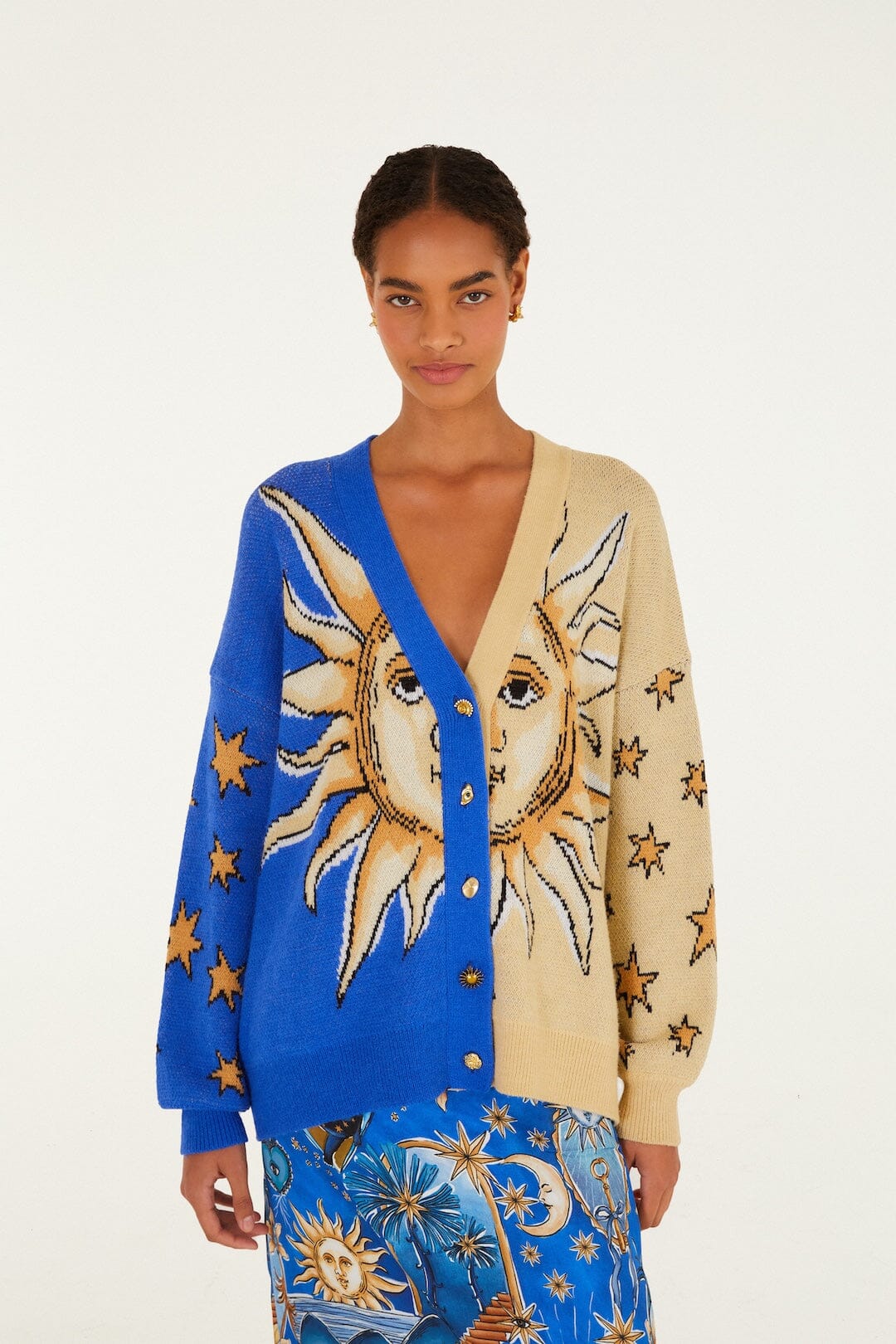 Mixed Mystical Sun Buttoned Knit Cardigan