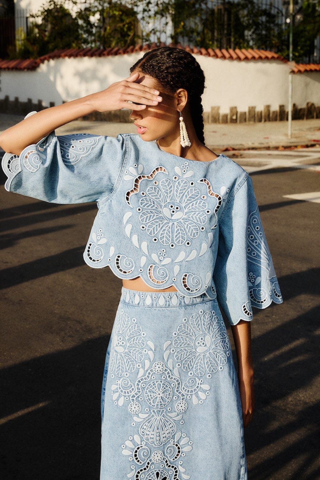 Denim Richelieu Kimono Sleeves Cropped Blouse