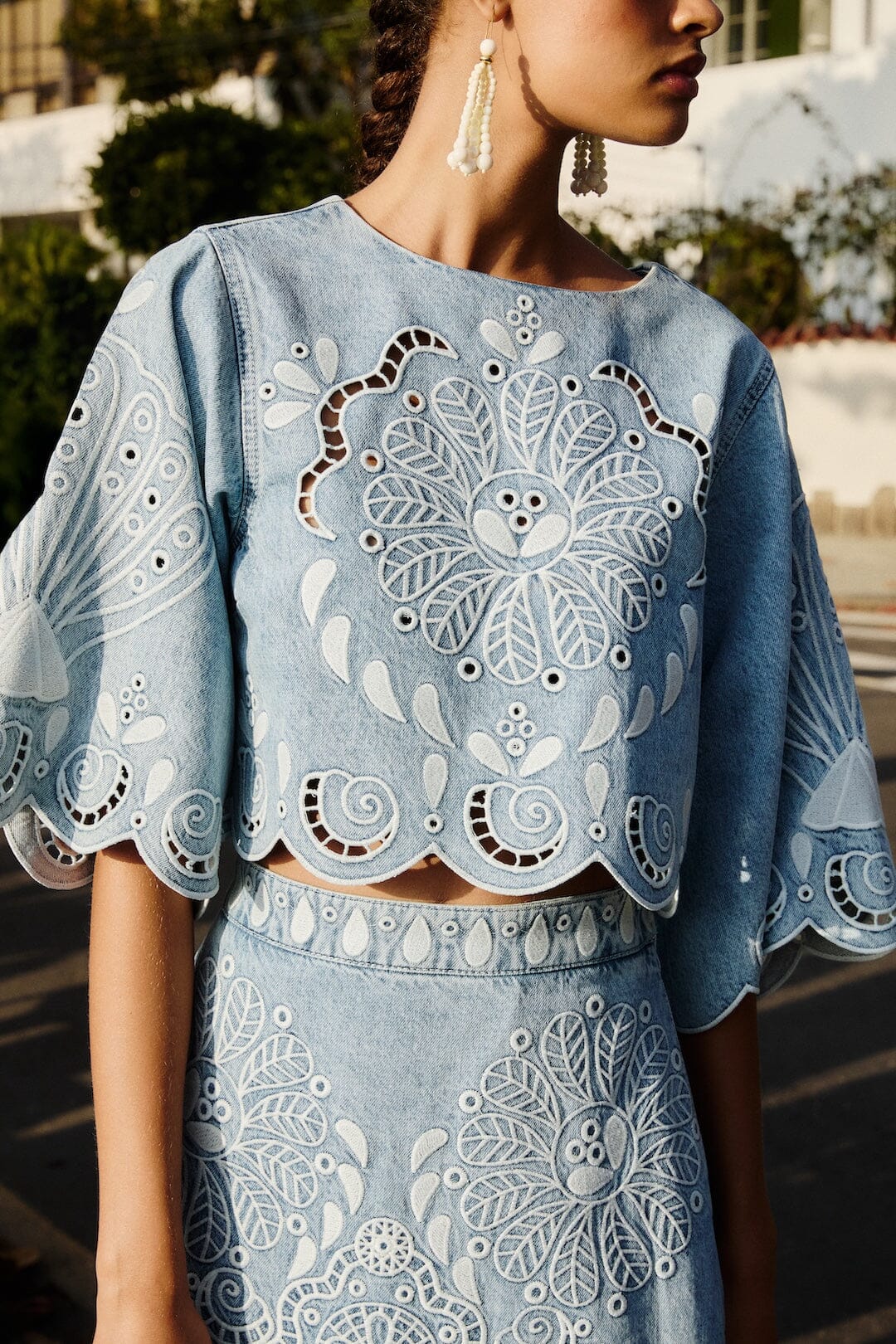 Denim Richelieu Kimono Sleeves Cropped Blouse