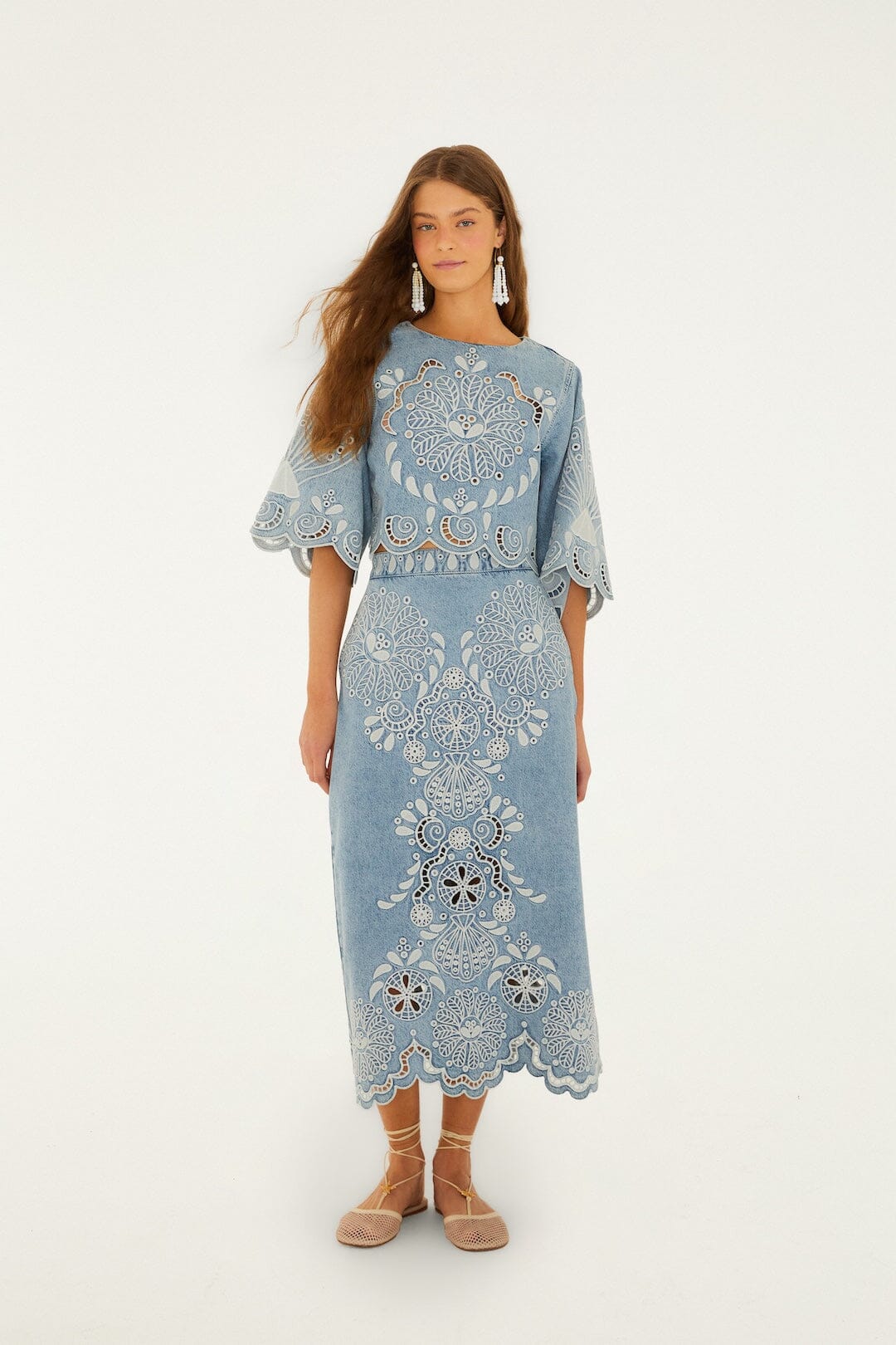 Denim Richelieu Kimono Sleeves Cropped Blouse