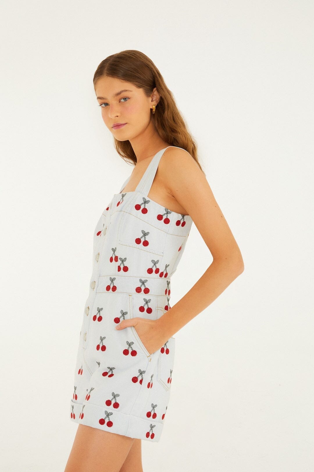 Embroidered Cherry Denim Romper