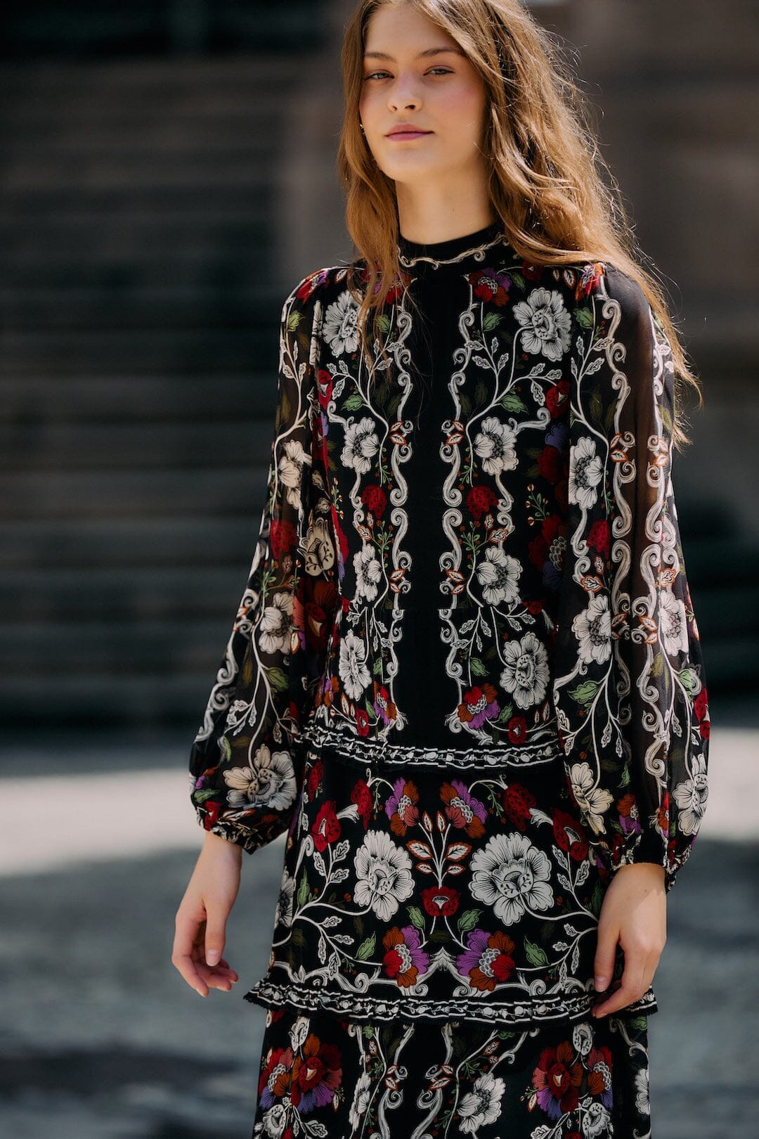 Black Rococo Flowers Ruffled Maxi Dress